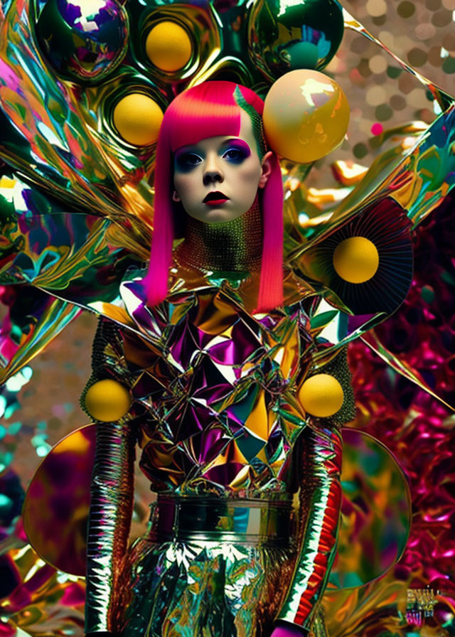 Futuristic pink-haired woman in metallic outfit with geometric patterns