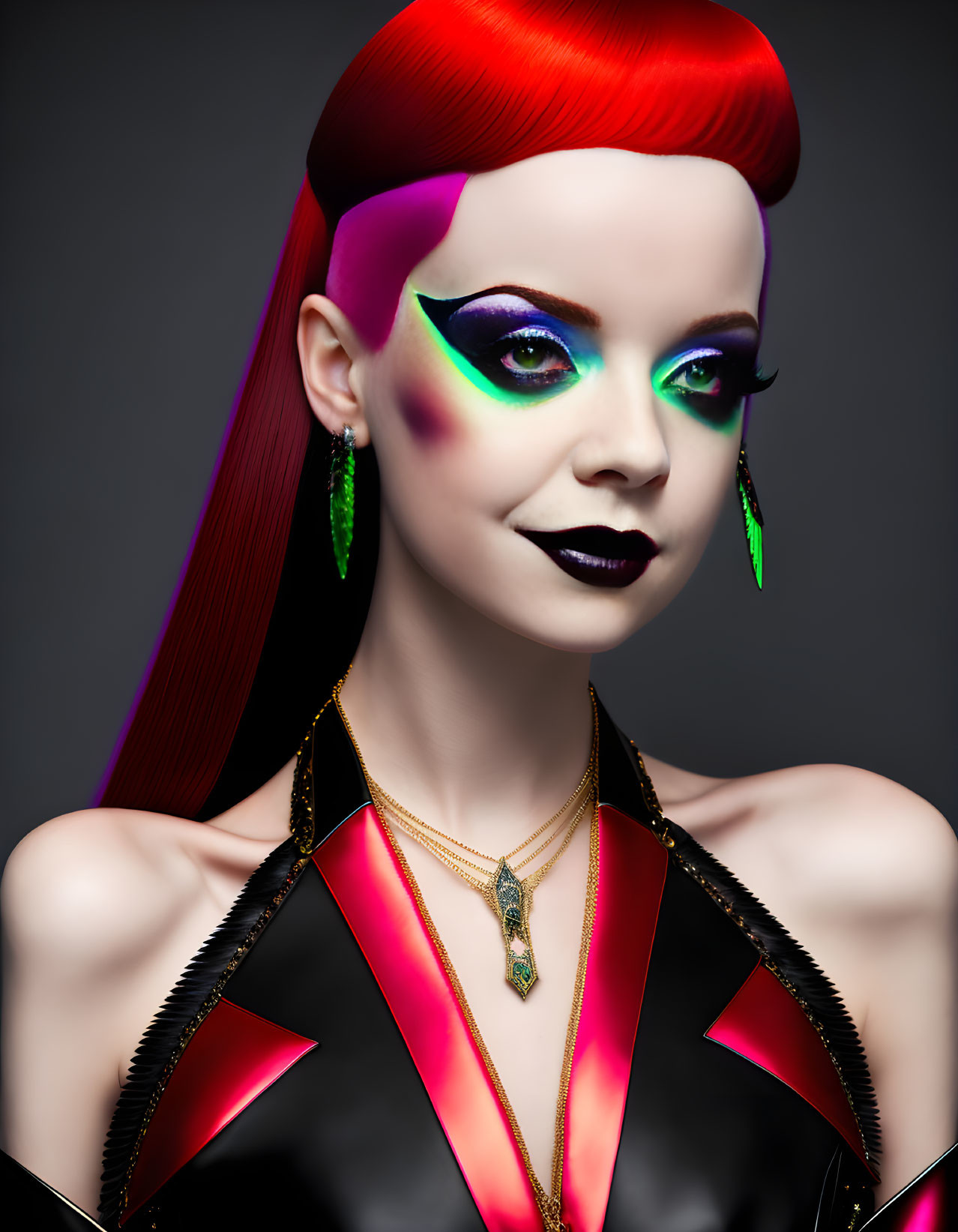 Vivid Stylized Portrait of Woman with Red Hair & Colorful Makeup