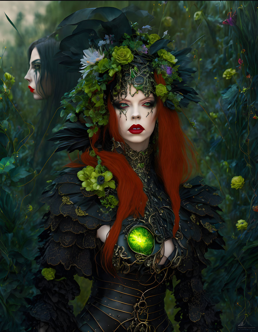 Person with red hair, dark makeup, feathered costume in mystical forest