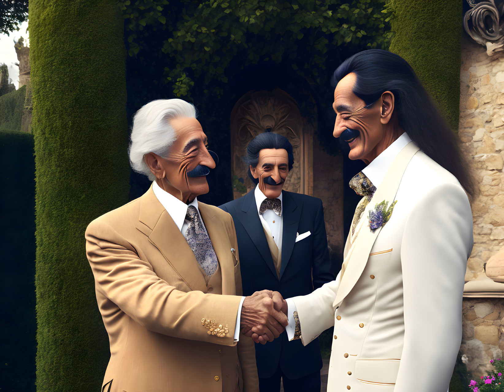 Three animated male characters in formal attire shaking hands in a garden setting