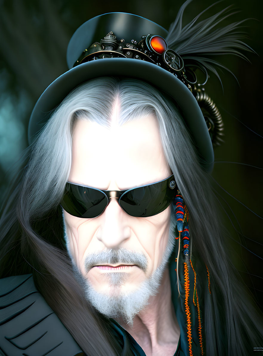 Illustration of person with long white hair, aviator sunglasses, and steampunk hat