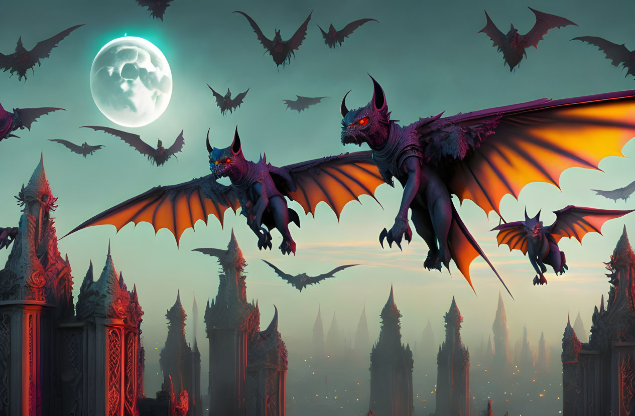 Dragons flying over moonlit sky with spire-like trees and gothic structures in mystical orange atmosphere