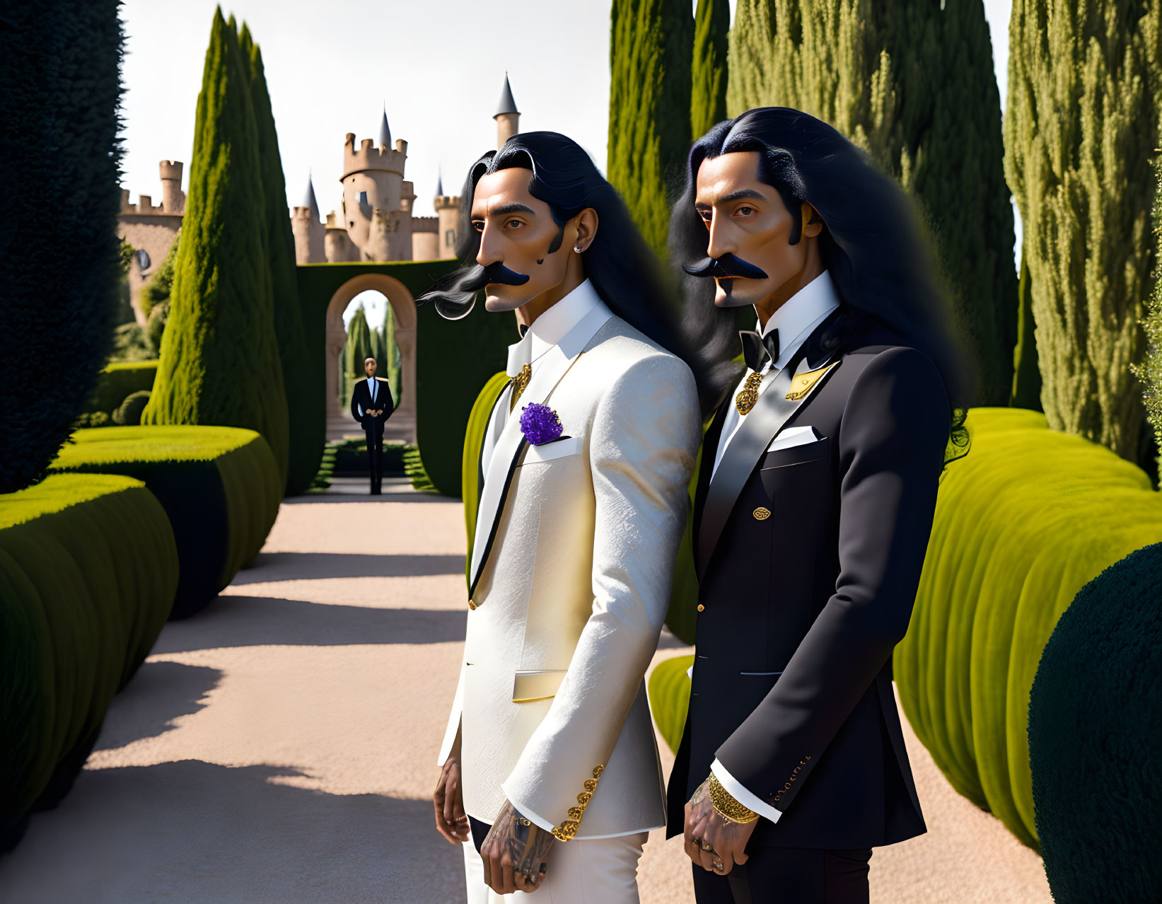 Stylized male figures in formal attire in a garden with topiaries and castle