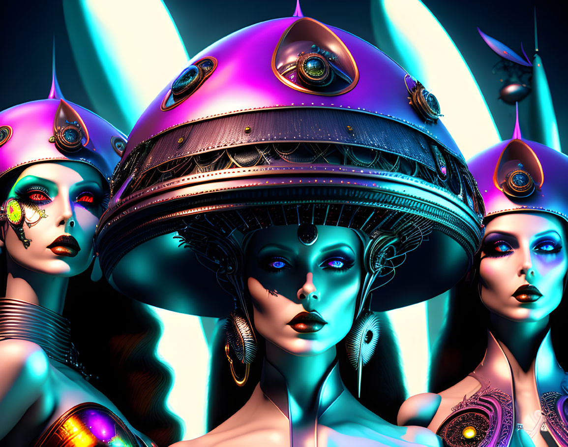 Futuristic female figures with UFO headdresses in neon-lit setting