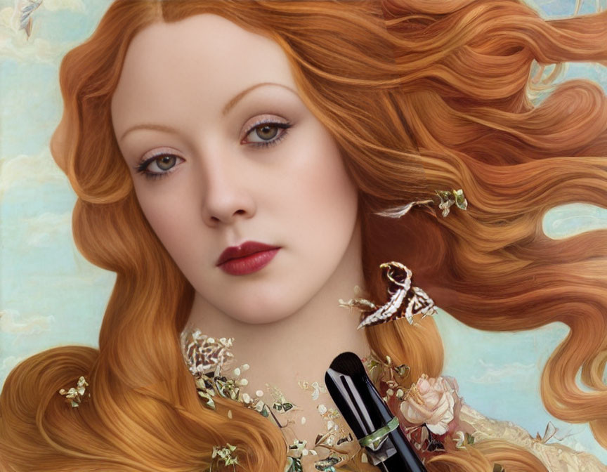 Detailed digital portrait of woman with red hair, fair skin, and jewelry on light blue backdrop