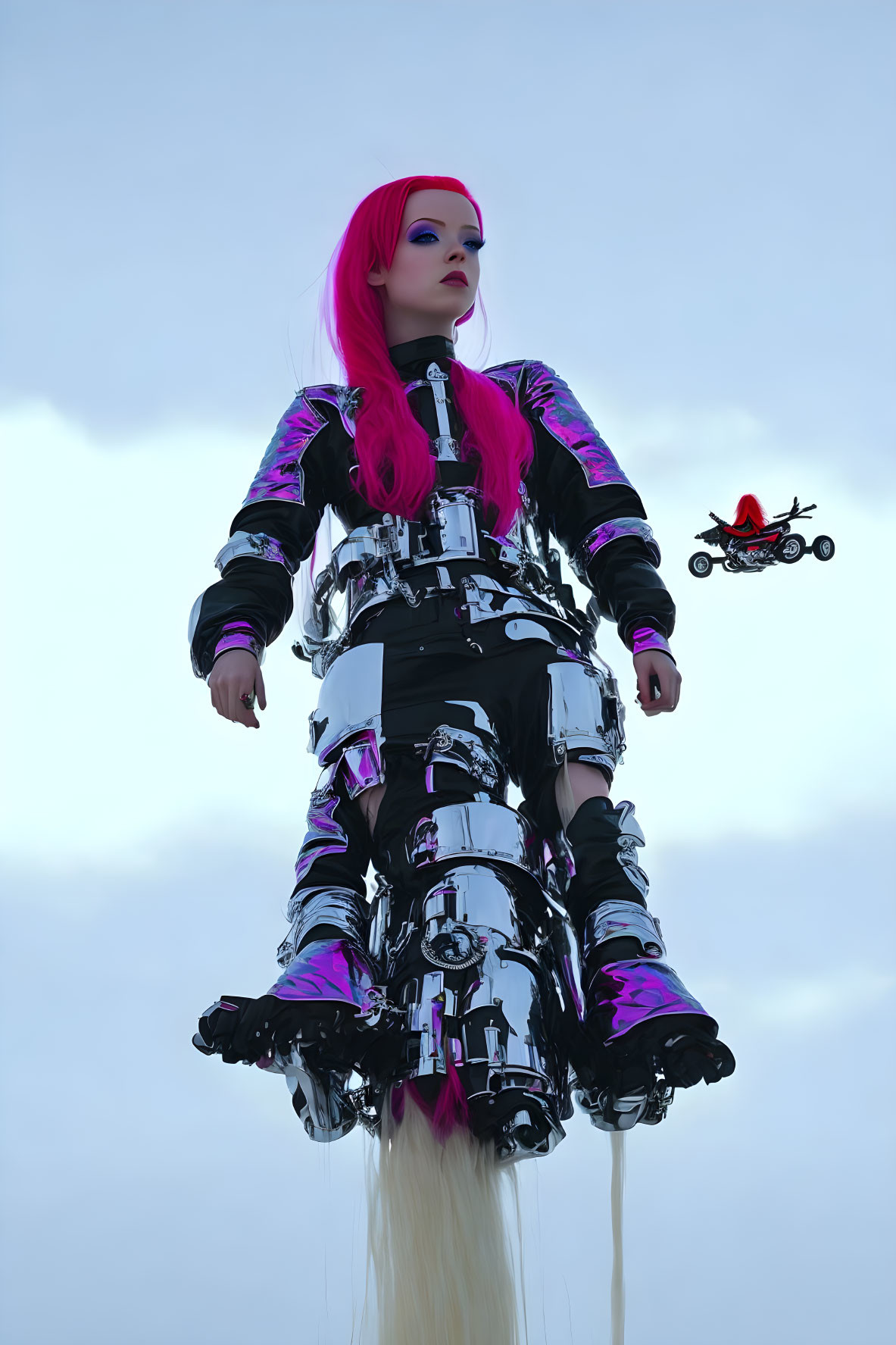 Vibrant pink hair person in futuristic outfit with hovering effect.