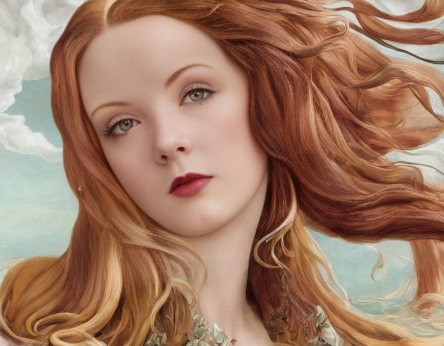 Detailed Painting: Woman with Red Hair and Green Eyes in Cloudy Sky Setting