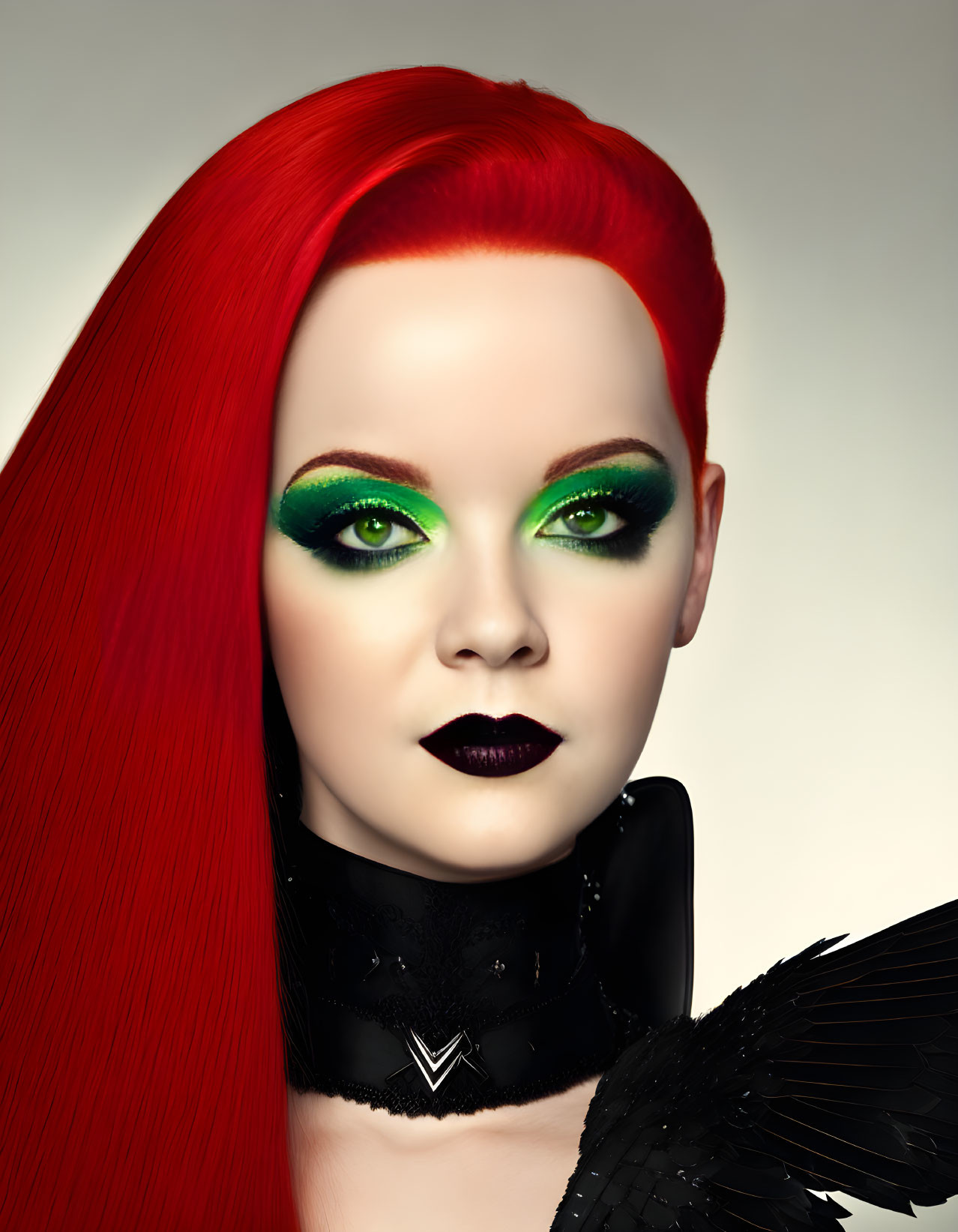 Vibrant red-haired woman with green eyeshadow and feathered clothing