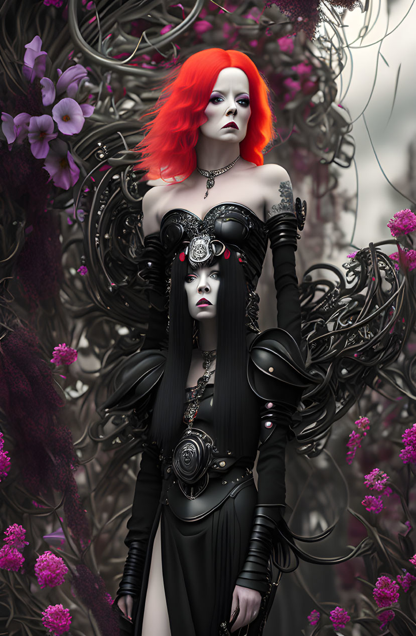 Gothic women with red hair in black outfits among dark branches