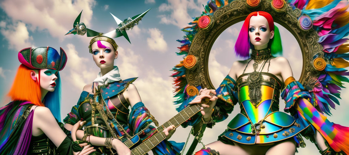 Colorful Avant-Garde Women in Eclectic Fashion and Hairstyles Against Vibrant Sky
