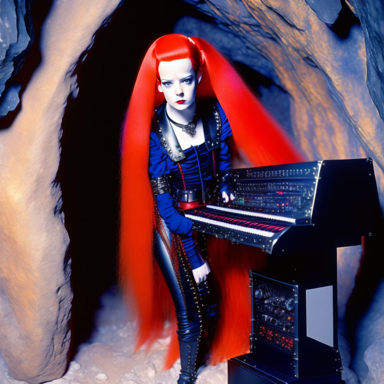 Red-haired woman playing synthesizer in blue-lit rocky cave