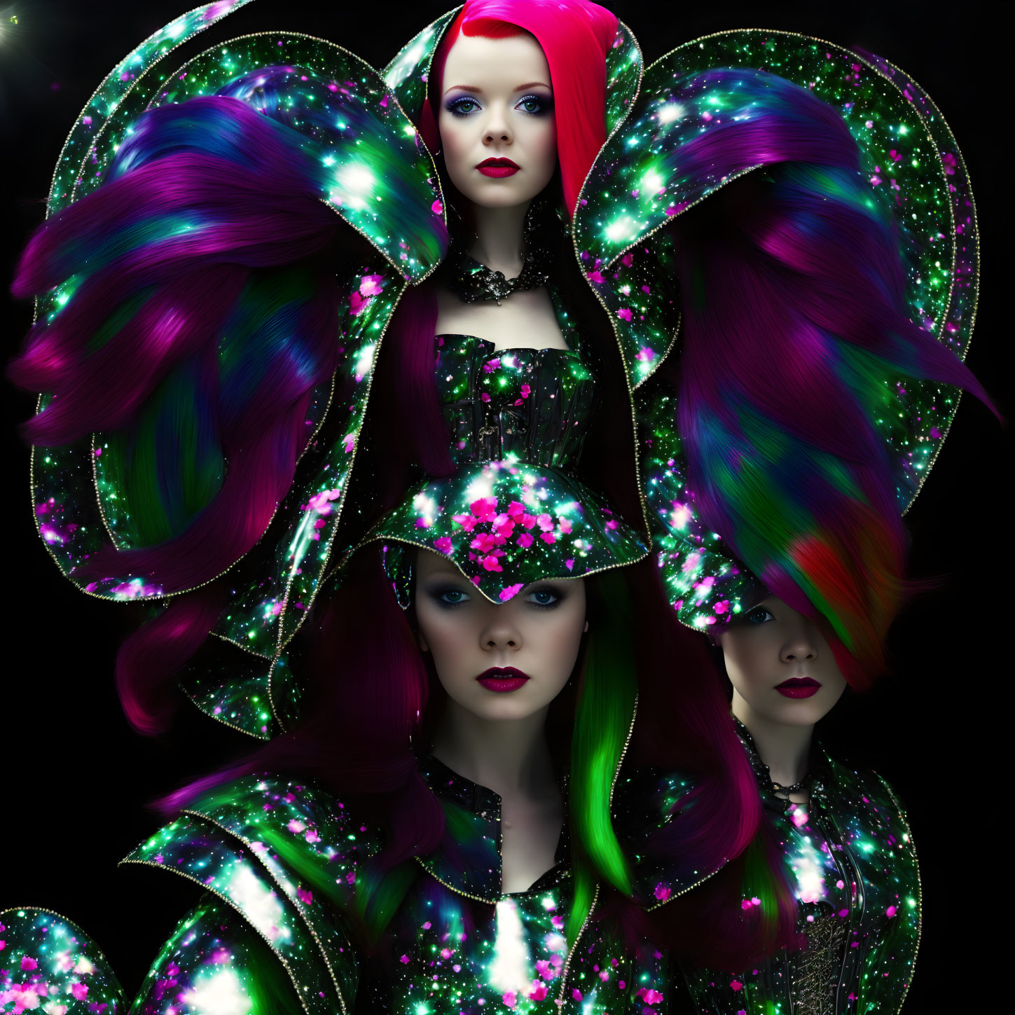 Three women with star-speckled hair and floral adornments on dark background