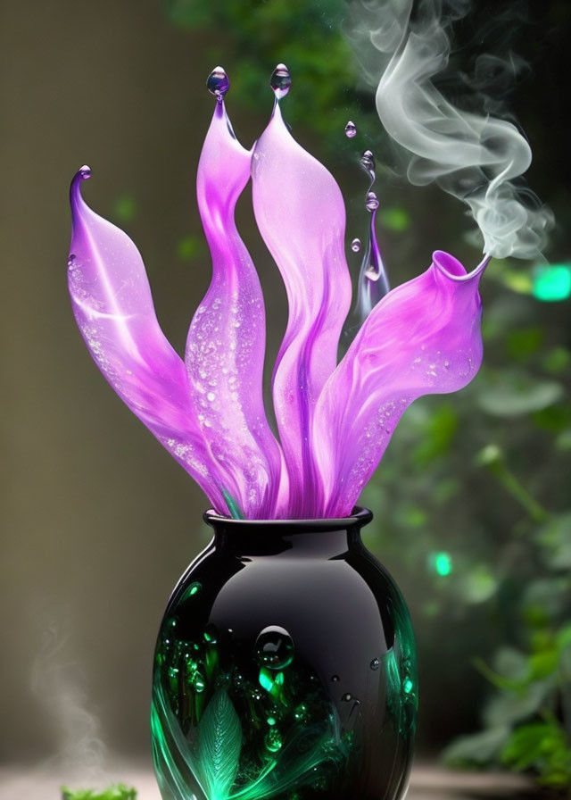 Purple Flower-Like Glass Sculpture in Green Vase with Smoke Wisps