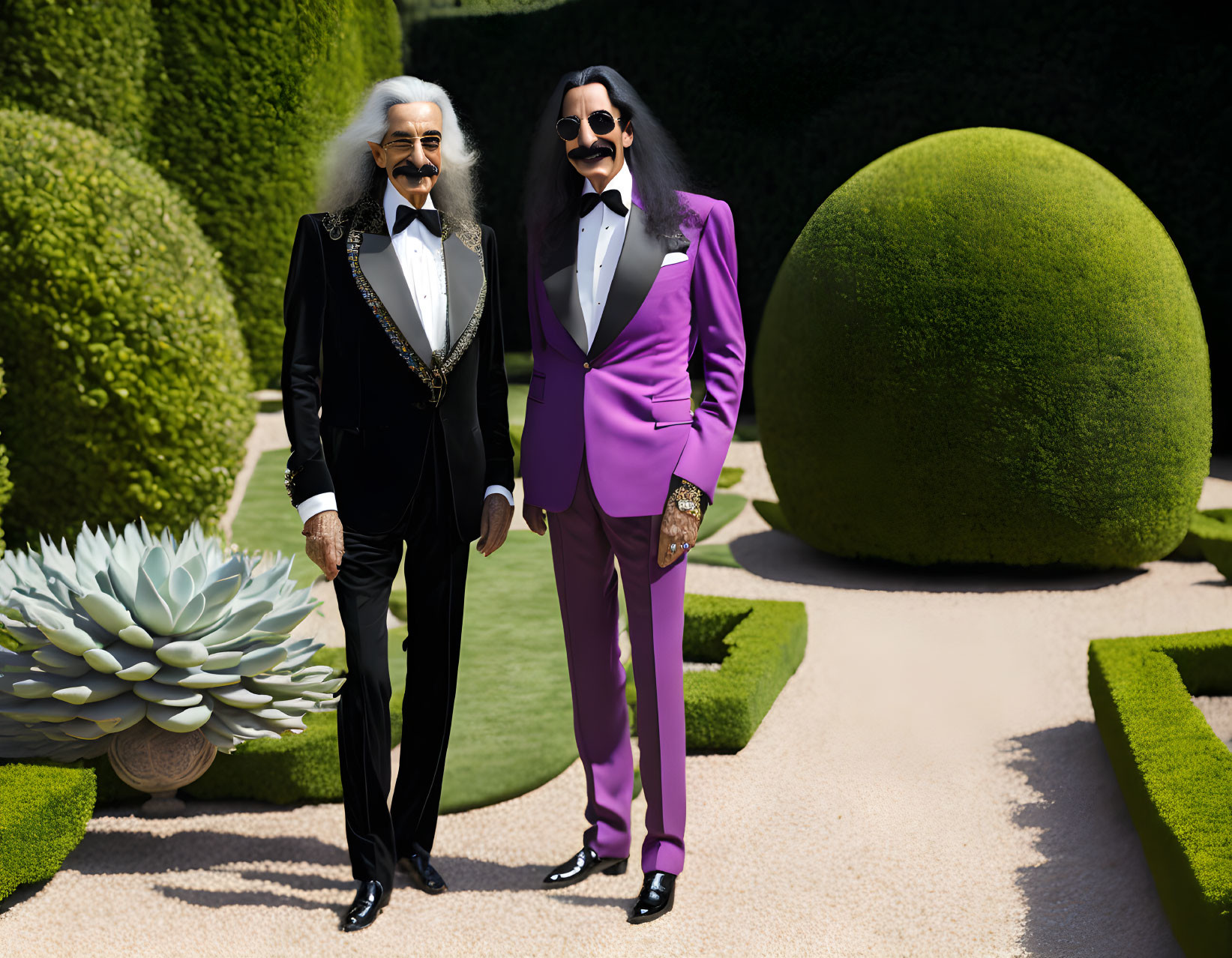 Prominently mustached duo in stylish attire in manicured garden