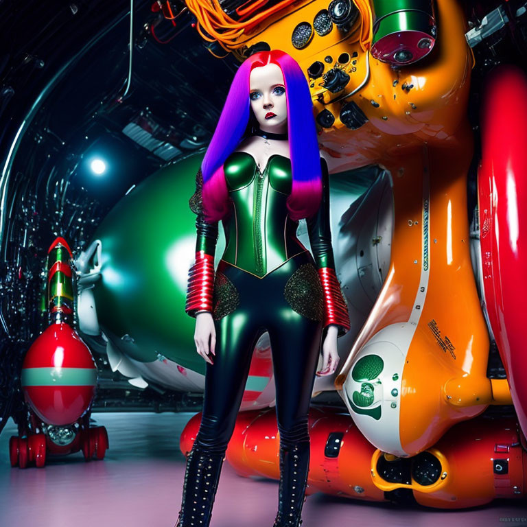 Futuristic woman with purple and red hair in green corset among sci-fi equipment and orange infl