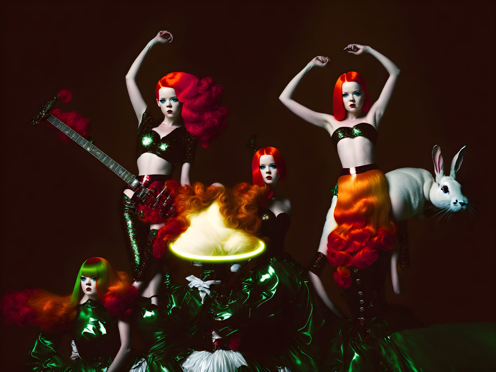Four Stylized Female Figures with Red Hair and Rabbit in Moody Setting