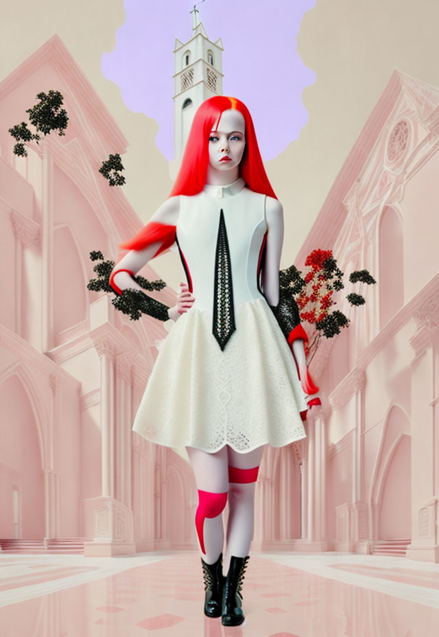 Red-haired woman in white dress in surreal pink cathedral with floating black trees.