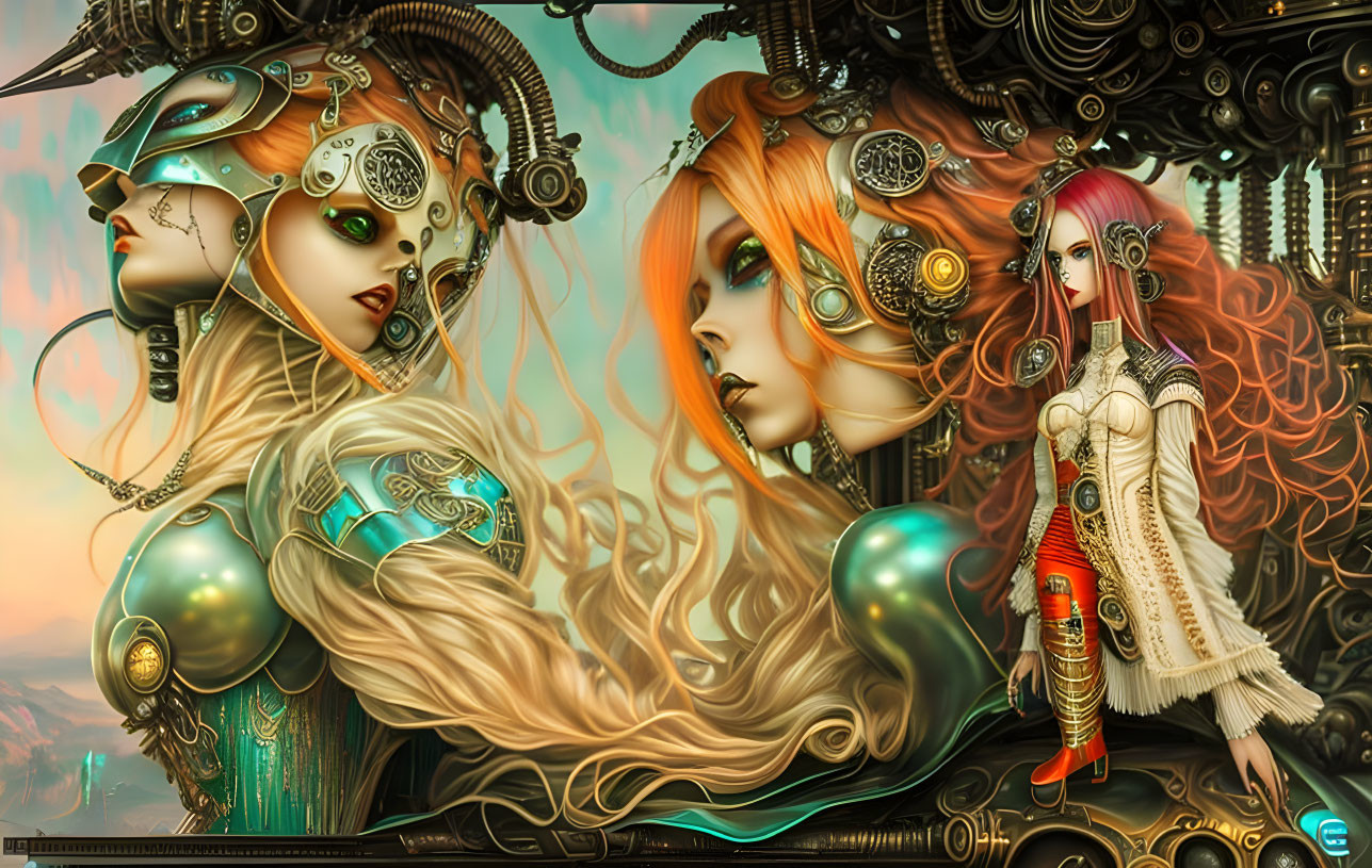 Digital artwork featuring two female steampunk-style characters with mechanical elements and intricate costumes in a gear-filled