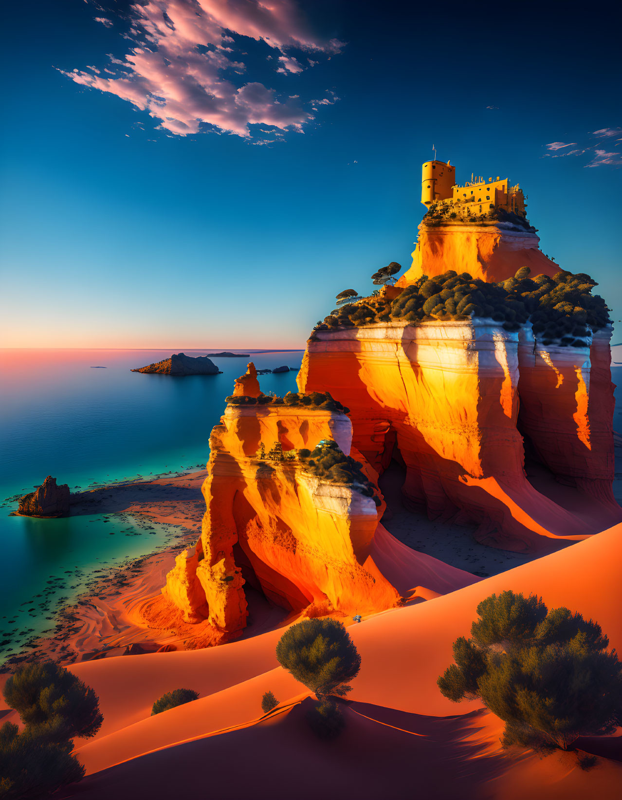 Coastal scene with castle on cliff, sea, orange sands, greenery, blue sky