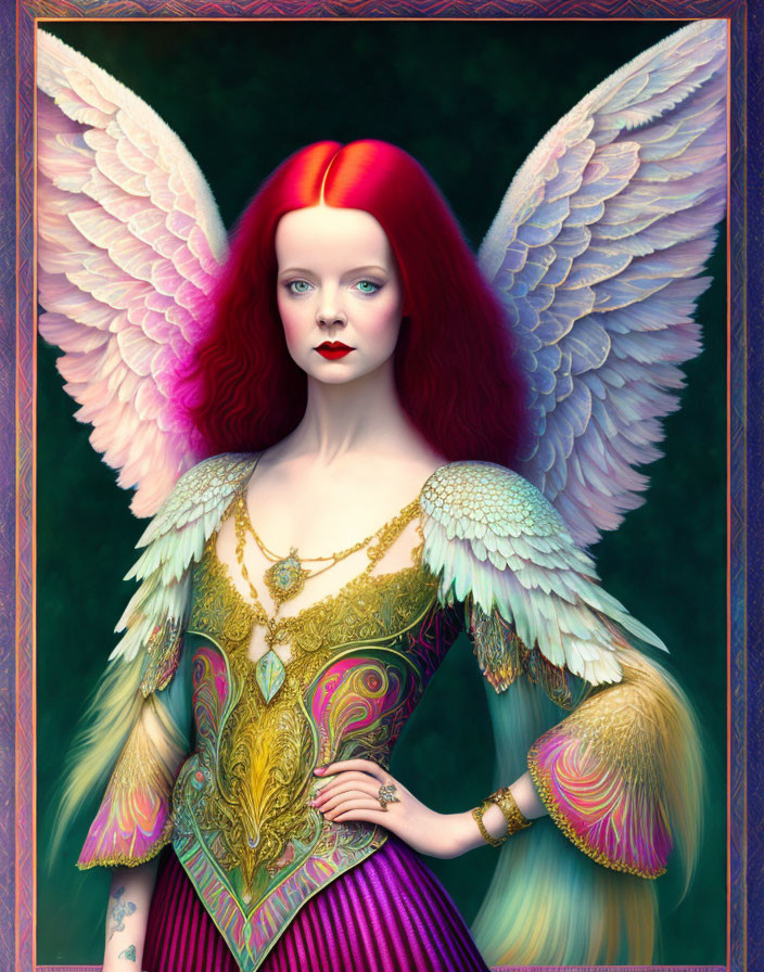 Red-haired woman with angelic wings in fantasy attire on dark background