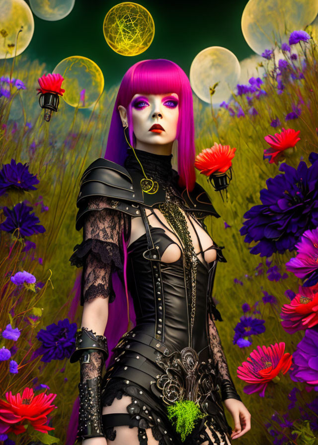 Pink-haired woman in gothic attire among wildflowers and glowing orbs