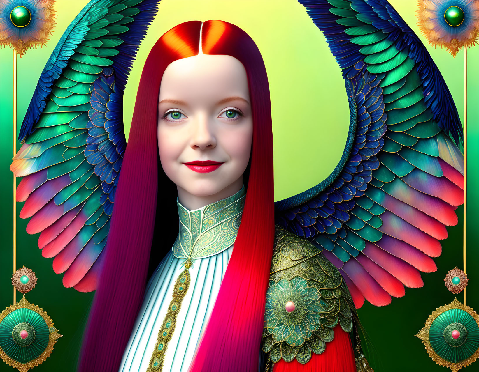 Vibrant digital artwork of female figure with colorful wings and intricate armor