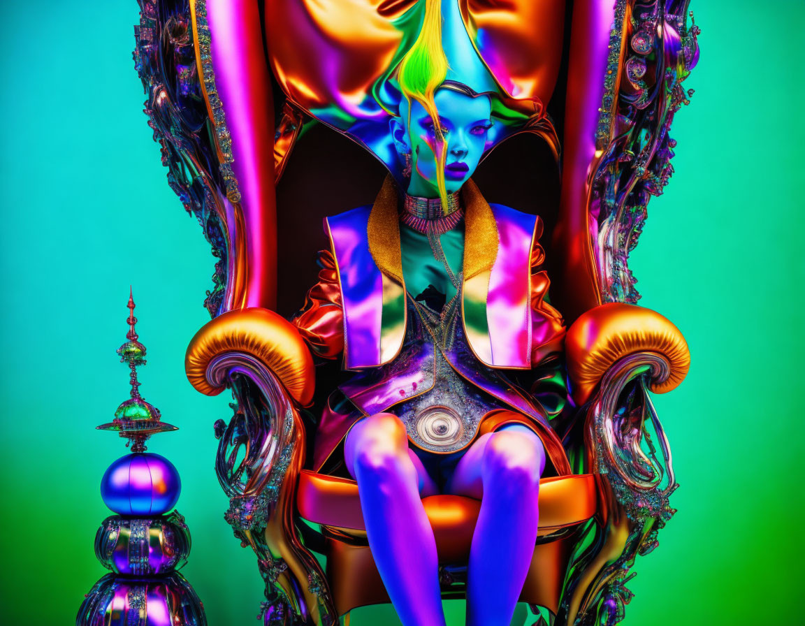 Colorful surreal image: Blue-skinned figure on ornate chair