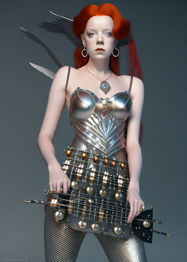 Futuristic woman with red hair in metallic outfit playing bass guitar with spheres