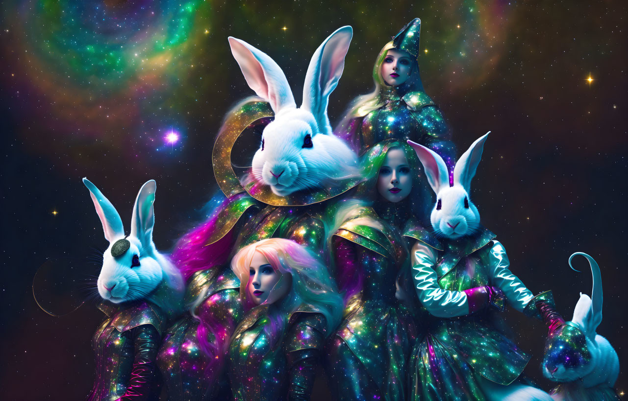 Cosmic surreal scene: people in shiny rabbit-head costumes under starry nebula.