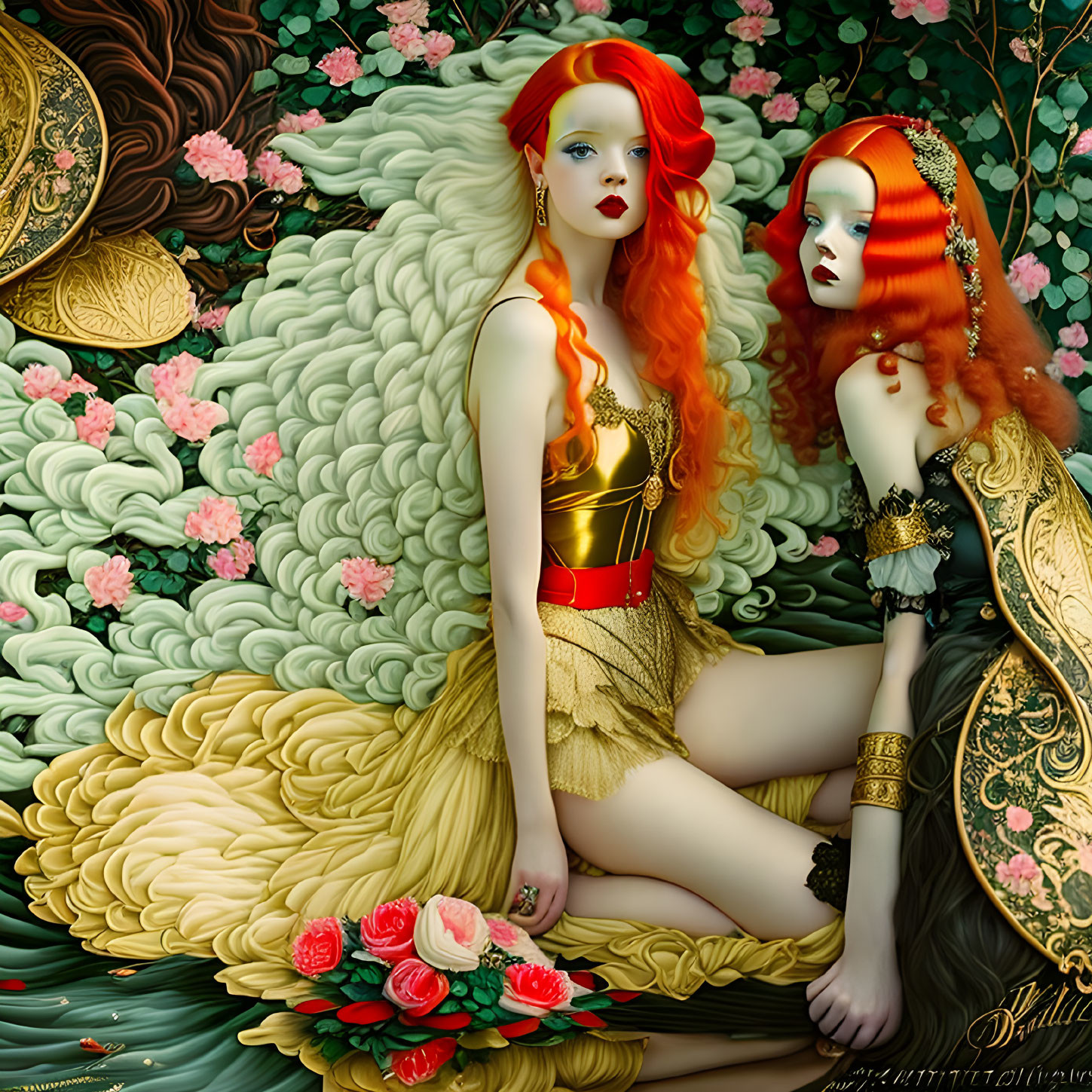 Stylized red-haired female figures in fantastical outfits among floral patterns