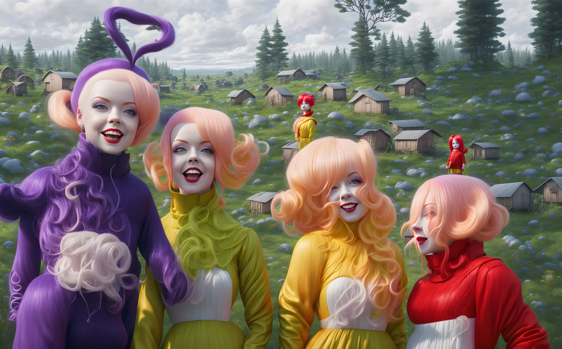 Colorful stylized women and whimsical village scene with clowns in the background.