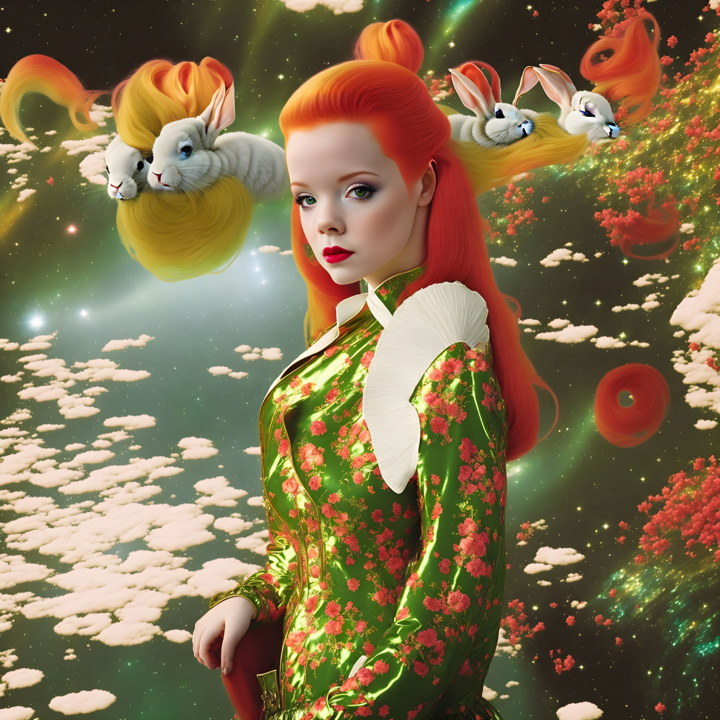 Surreal portrait: Woman with red hair in floral kimono, surrounded by flying squirrels in