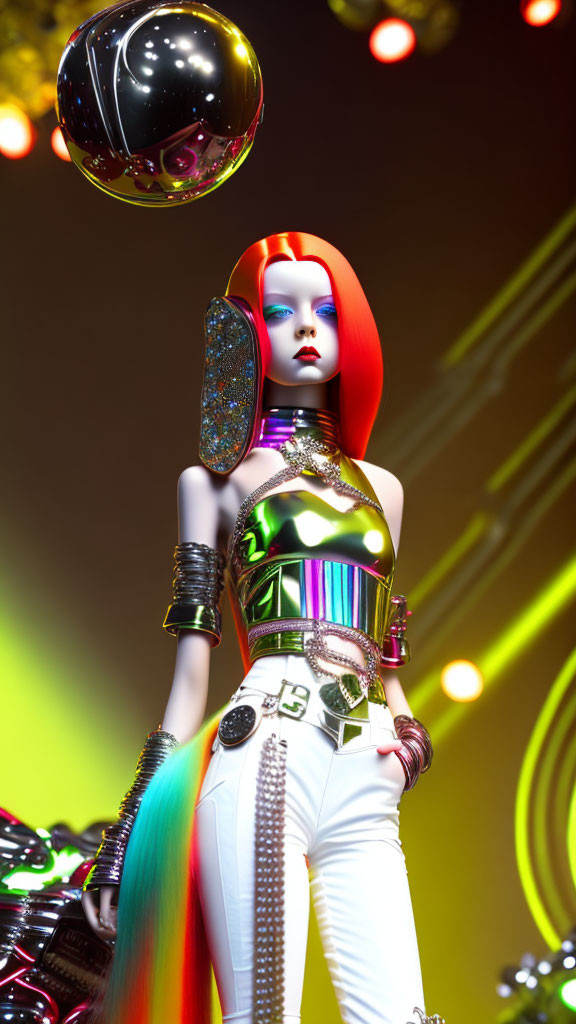 Colorful hair, metallic corset, and orbs: Futuristic female figure in white pants with accessories