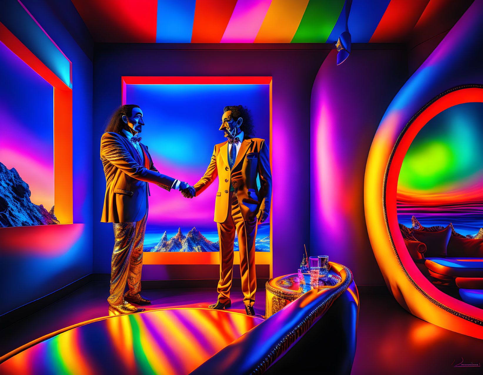 Vibrant room with abstract art and neon lights featuring two people shaking hands