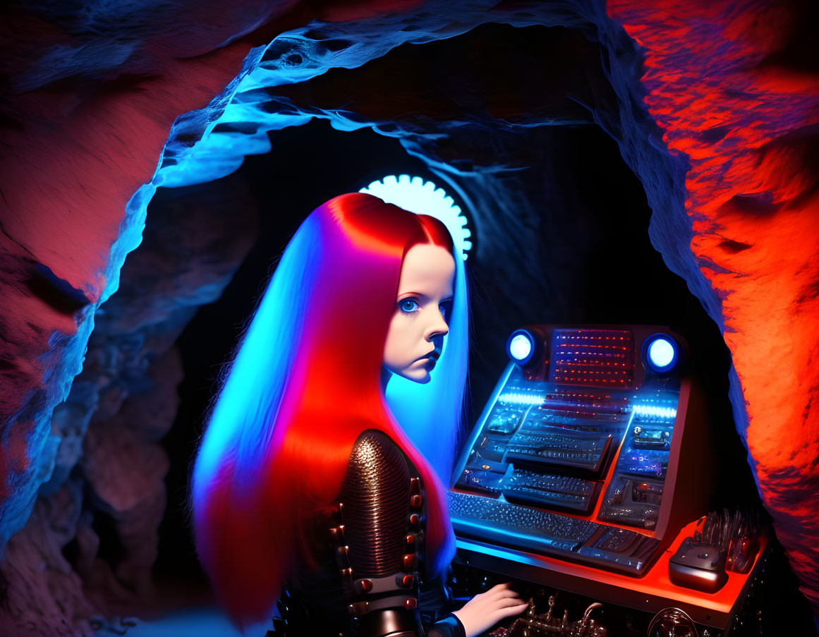 Futuristic female android with glowing red hair in vibrant blue and red-lit cavern