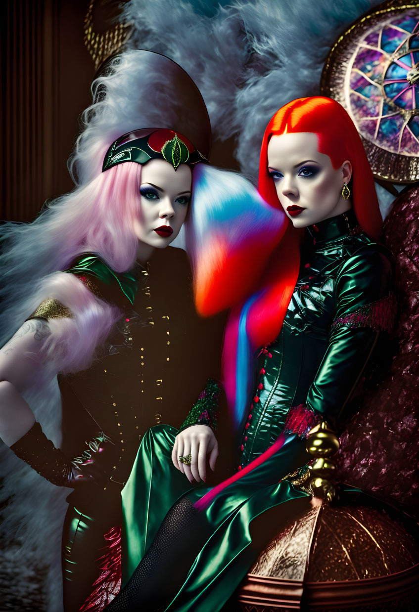 Vibrant hair and colorful costumes on stylized fantasy women with scepter-like accessory