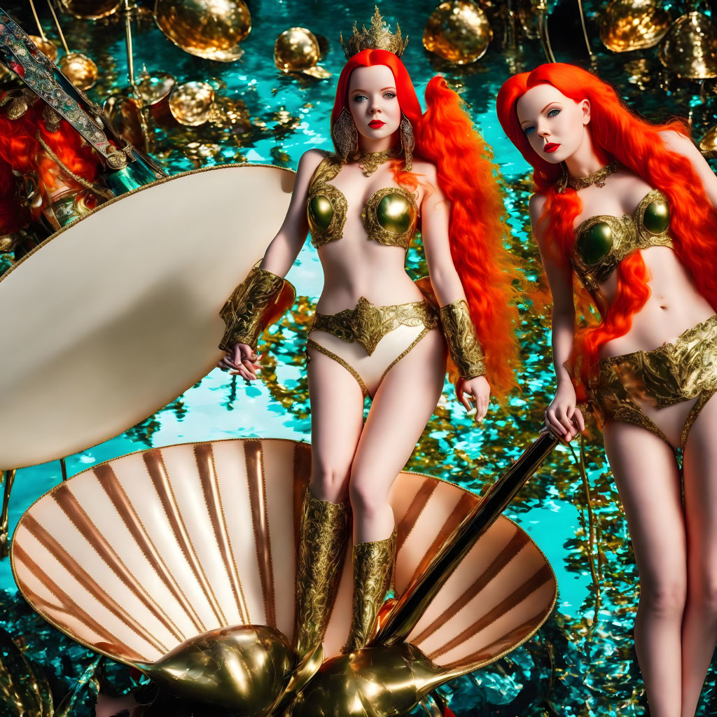 Red-haired women in fantasy warrior costumes with shields and spears against golden orb backdrop.