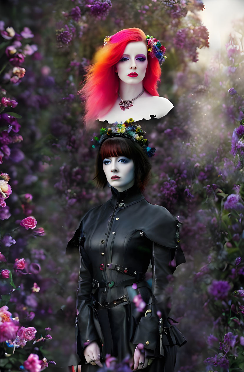 Two women with unique hairstyles and makeup among purple flowers.