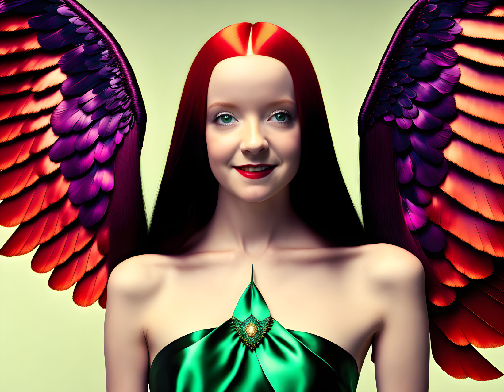 Smiling female figure with red and orange wings, red hair, and green dress.