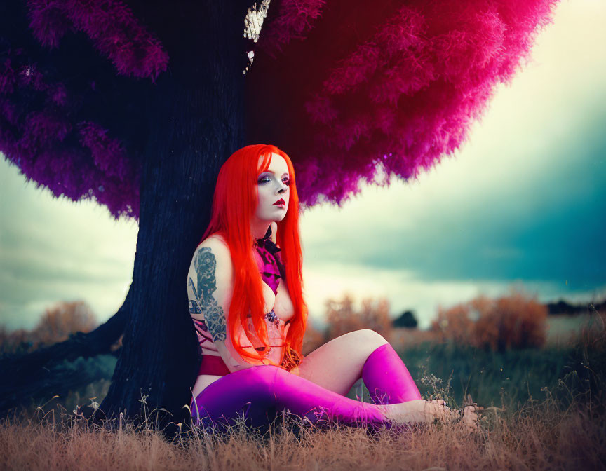 Vibrant orange-haired person under surreal purple tree