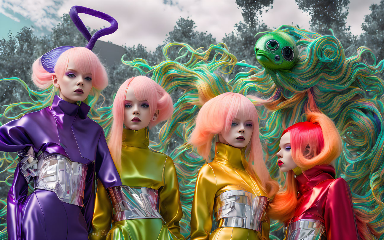 Four models with futuristic hairstyles and metallic clothing posing outdoors with abstract green hair sculpture.