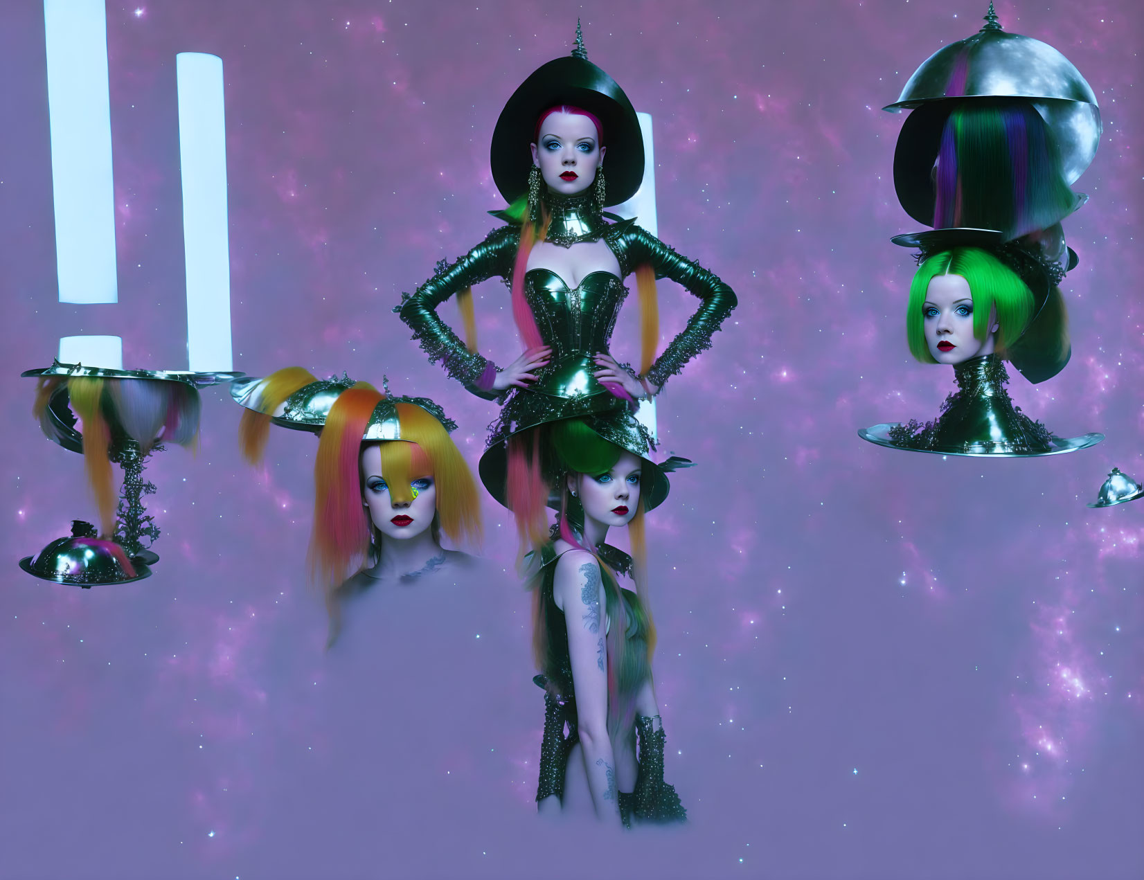 Four stylized female figures in gothic attire under UFO-like lights against a starry purple background