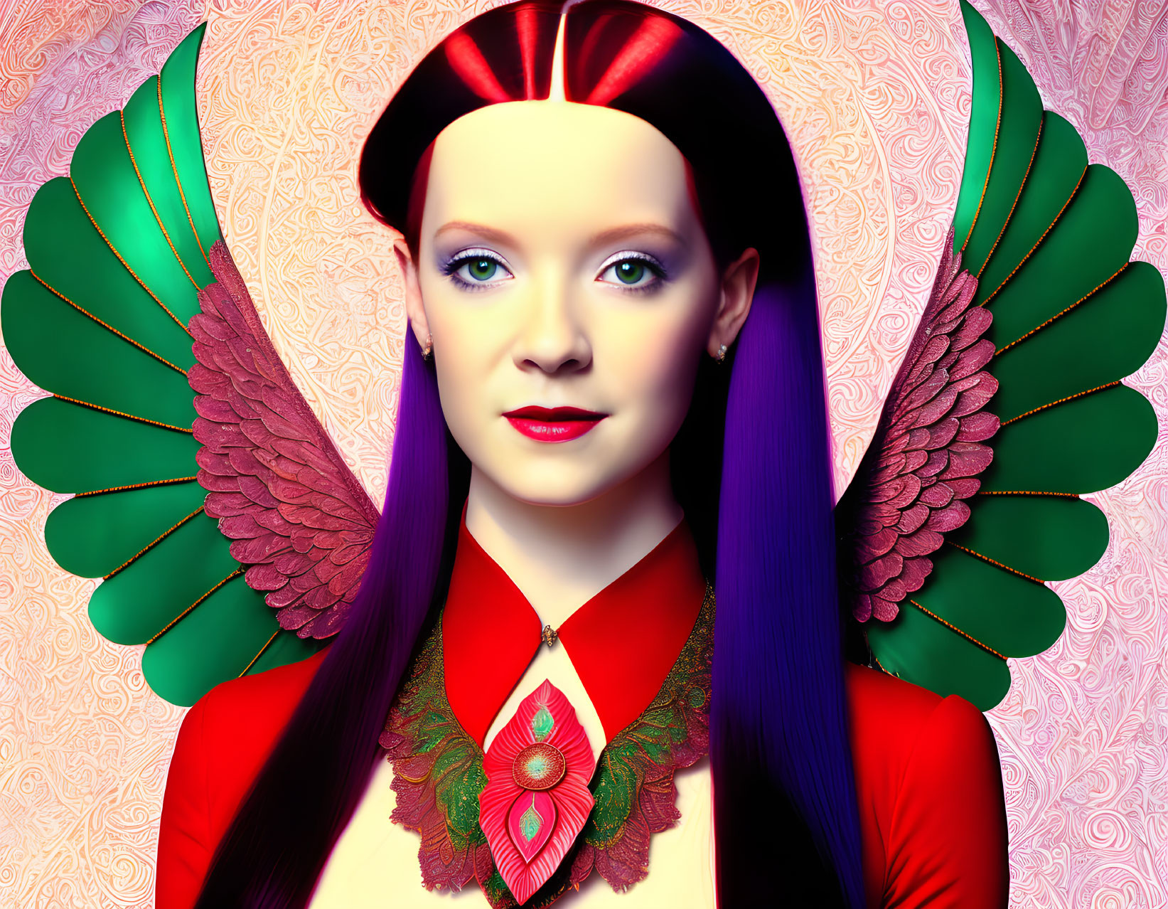 Colorful digital artwork of woman with red hair and winged outfit