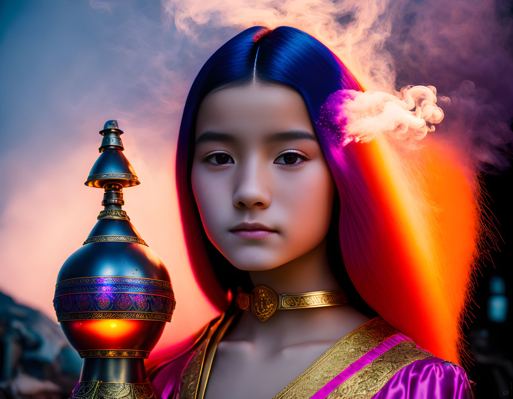 Blue-haired girl in traditional attire with ethereal smoke and decorative vessel at twilight