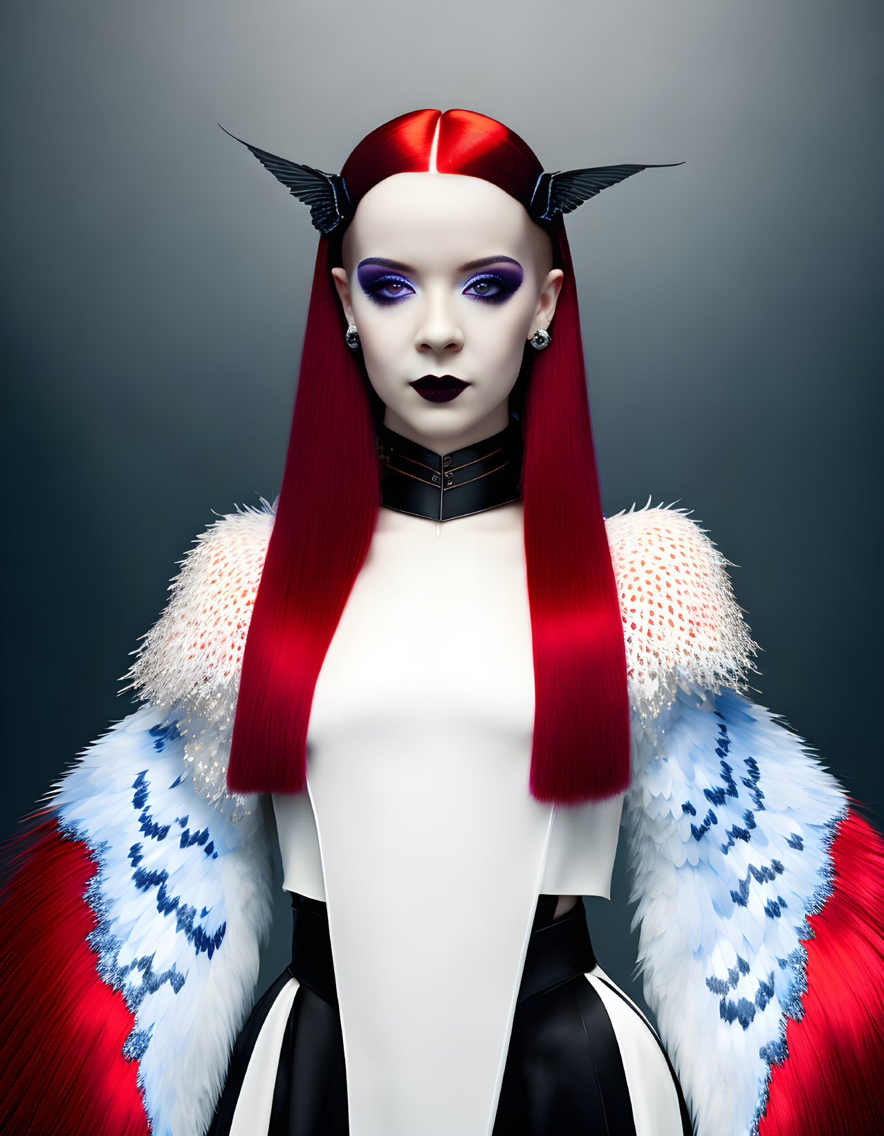 Character with red and white makeup, red hair, horns, high-collar garment with feathers