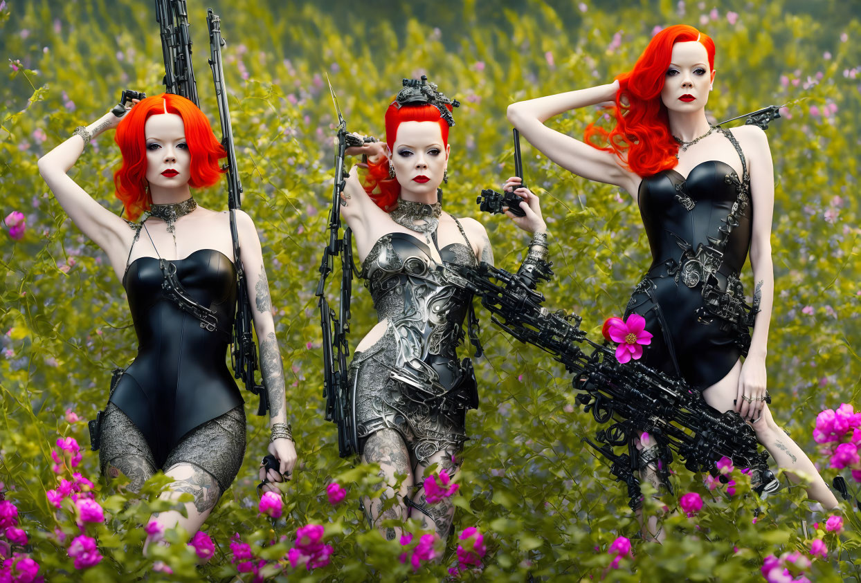 Three women with bright red hair posing in a field of pink flowers in black outfits with metallic accents and