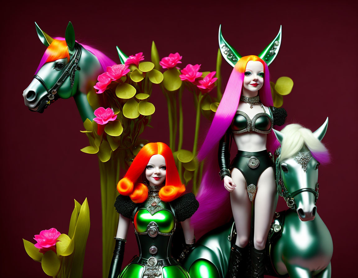 Colorful Hair & Futuristic Outfits: Female Figures Pose with Horses in Vibrant Setting