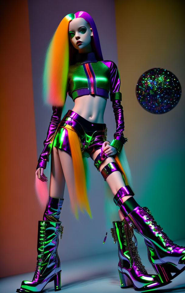 Multicolored hair mannequin in metallic outfit with orb on gradient background