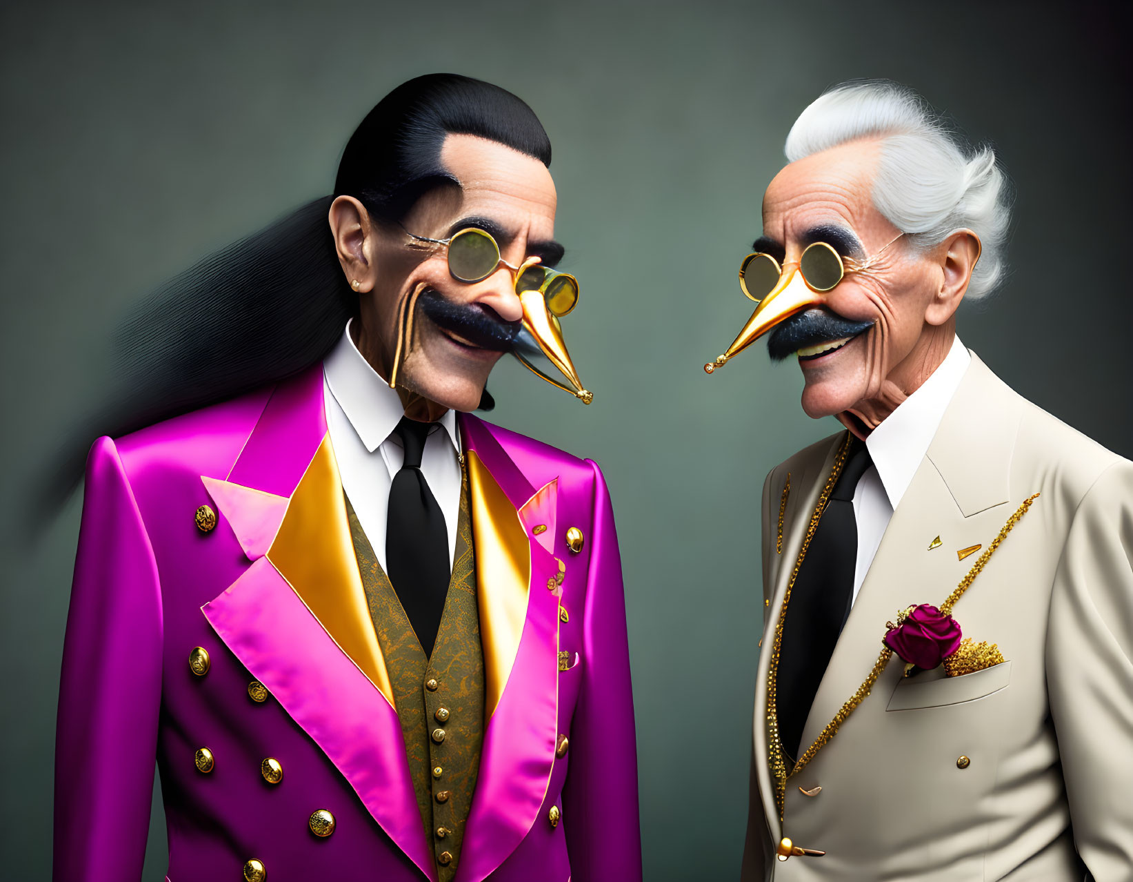 Stylized male figures in vibrant suits with exaggerated features