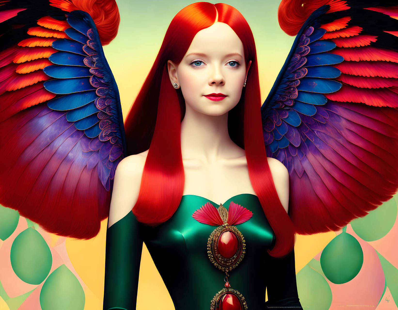 Colorful illustration: Woman with red hair and vibrant wings on yellow-green backdrop